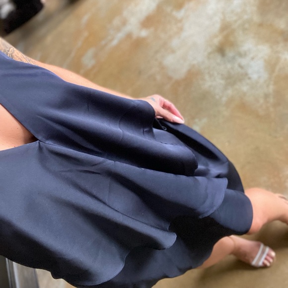 Navy satin dress with layered front and draped open back - Picture 5 of 5